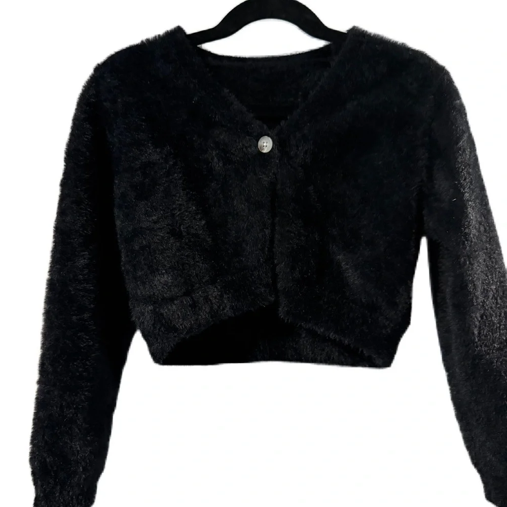 Black Fuzzy Cardigan with Plaid Skirt